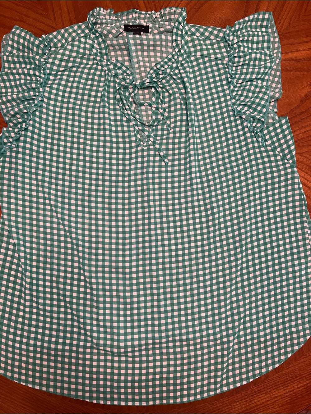 Tamara H Green and White Gingham Ruffle Tie-Neck Camisole
